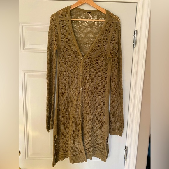 Free People Olive Green Crocheted Duster | Large, fits medium - Picture 1 of 5